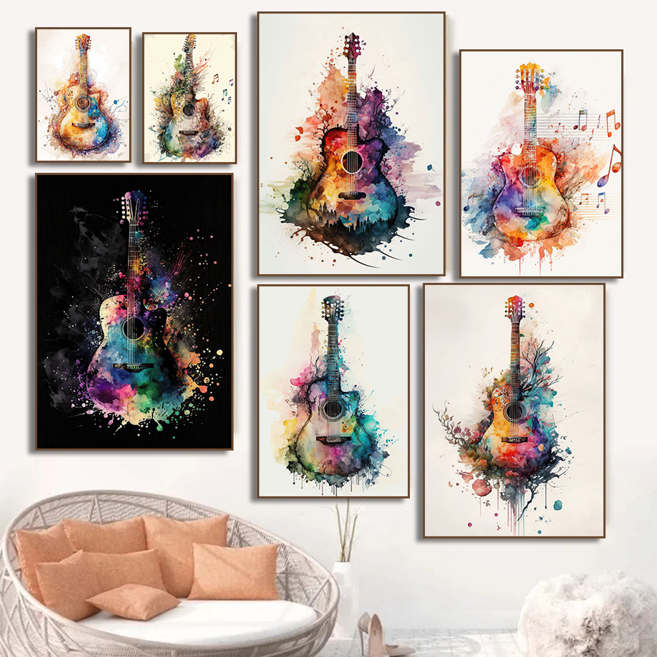 Picture Of Musical Instrument - Музыкальный инструмент, гитара, акварель, художественный постер,